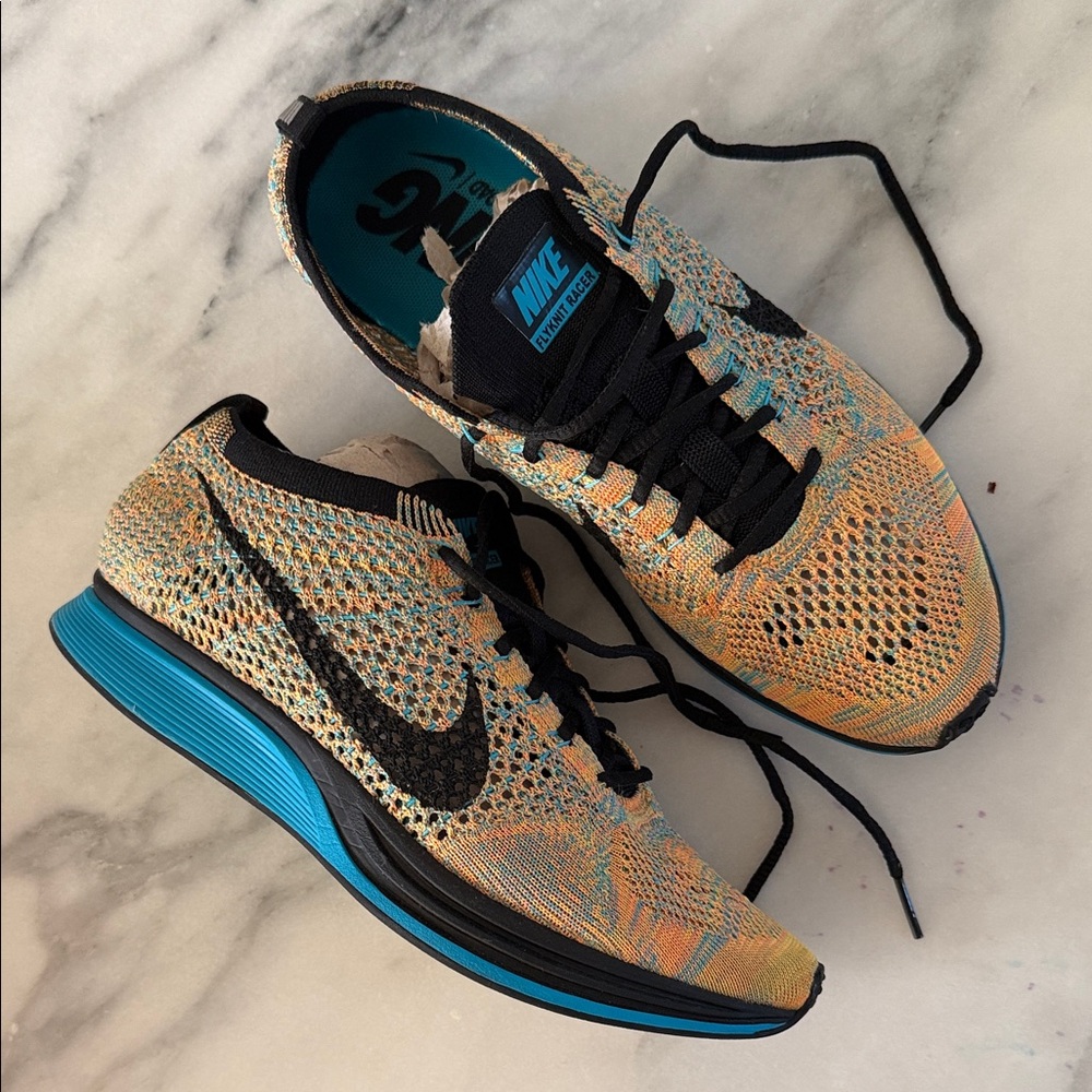Nike Orange and Blue Flyknit Men's Athletic Shoes